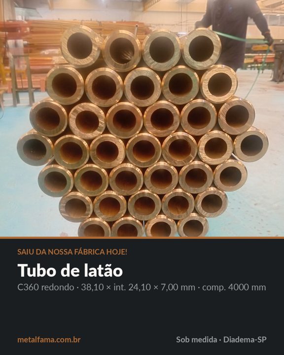 Tubo de latão C360 redondo · 38,10 × int. 24,10 × 7,00 mm · comp. 4000 mm