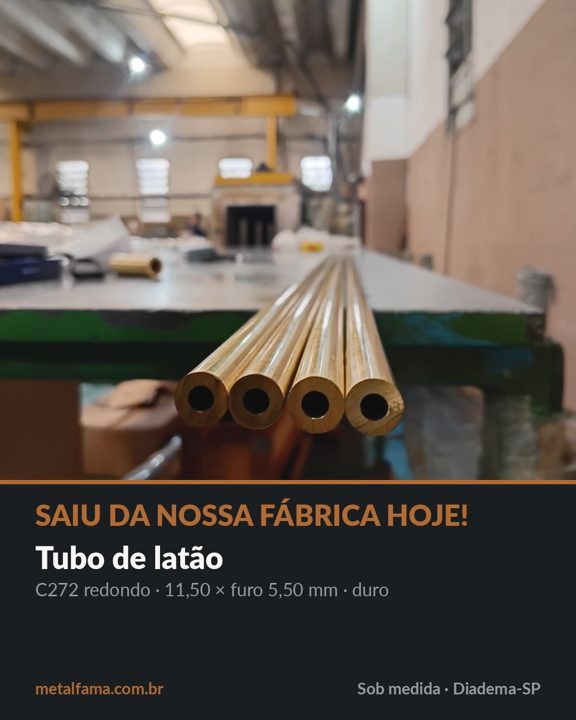 Tubo de latão C272 redondo · 11,50 × furo 5,50 mm · duro