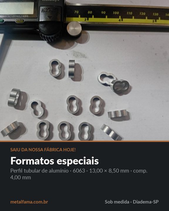 Perfil tubular de alumínio · 6063 · 13,00 × 8,50 mm · comp. 4,00 mm