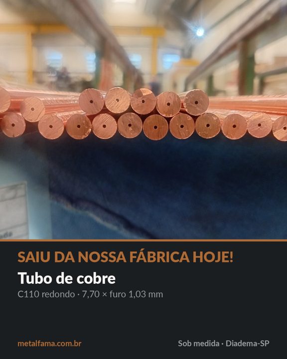 Tubo de cobre C110 redondo · 7,70 × furo 1,03 mm