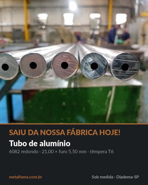 Saiu da nossa fábrica hoje! Tubo de alumínio 6082 redondo, 21,00 × furo 5,50 mm, têmpera T6, trefilado aqui em Diadema.