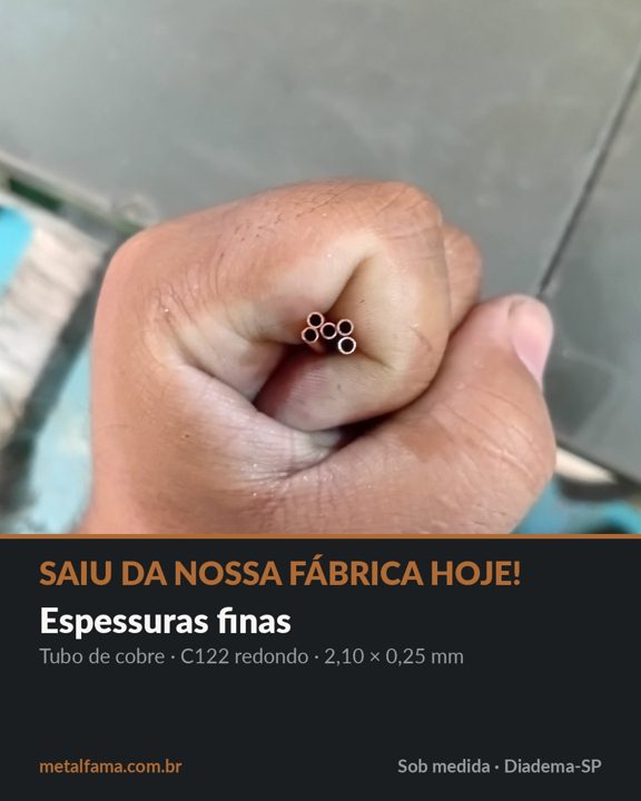 Saiu da nossa fábrica hoje! Tubo de cobre, C122 redondo, 2,10 × 0,25 mm, trefilado aqui em Diadema.